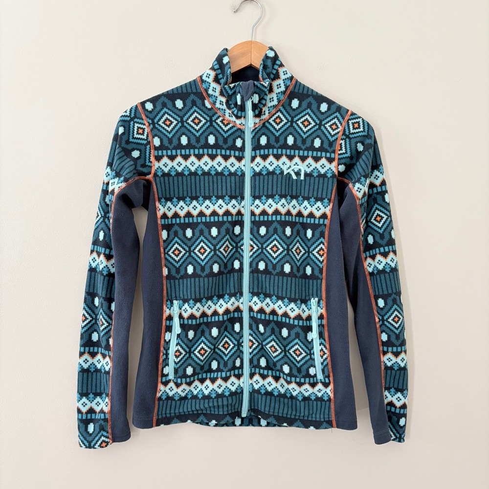 Kari Traa Fleece Jacket S Blue Geometric Fair Isle Full Zip Mock Neck Outdoor